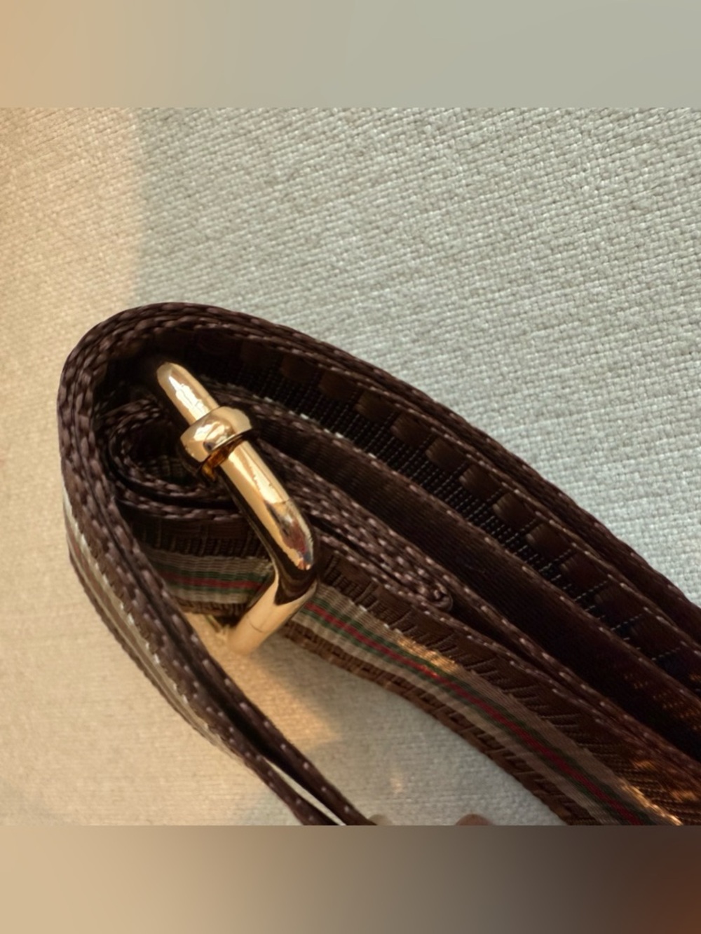 Pom Pom London Brown Green Red Stripe Crossbody Strap w/ Gold Hardware - Picture 3 of 4